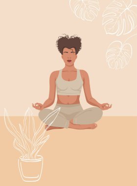 Koyu tenli Afrikalı Amerikalı kız lotus pozisyonunda yoga yapıyor. Posterler ve afişler için izole edilmiş vektör illüstrasyonu