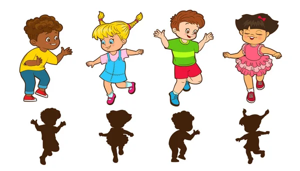 Κορίτσια Και Αγόρια Χοροπηδάνε Παίζοντας Κουτσό Μαντέψτε Παιχνίδι Σκιών Σιλουέτες — Διανυσματικό Αρχείο