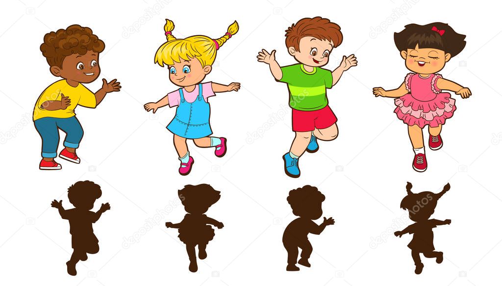 Girls and boys jump around playing hopscotch. Guess the shadow game. Silhouettes of jumping children. Vector illustration ,cartoon style