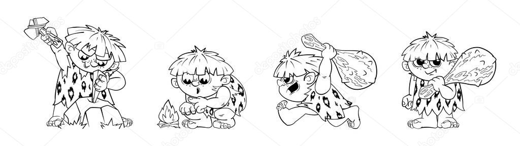 Prehistoric primitive man, a set of dynamic figures in black and white cartoon style.Stickers, decals, character for animation. Vector i