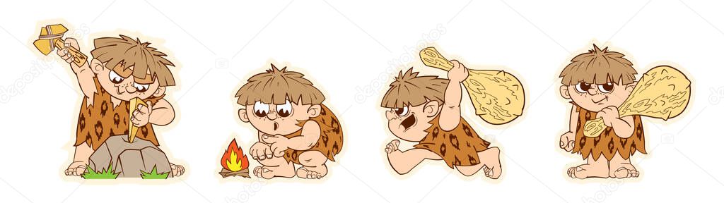 A set of funny stickers of a prehistoric primitive man, dynamic figures of a character in a cartoon style. Stickers, decals, characters for animation. Vector