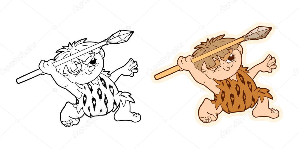 A set of funny stickers of a prehistoric primitive man, dynamic figures of a character in a cartoon style. Stickers, decals, characters for animation. Vector