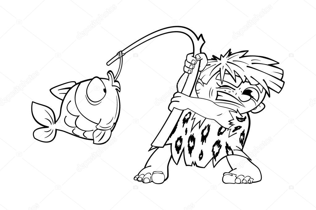 Primitive man fishing with a rod.Vector coloring book in cartoon black and white style, isolated.