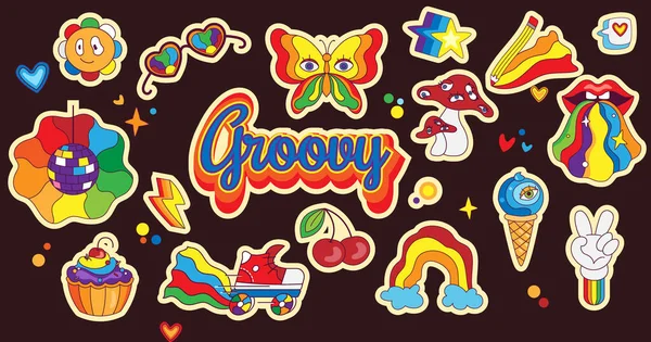 Psychedelic Retro Stickers Cartoon Style Set Retro Elements Funky Hippie — Vettoriale Stock