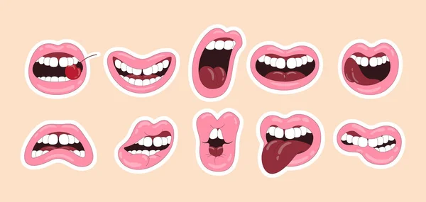 Set Lips Stickers Cherries Smiling Angry Expressing Different Emotions Vector — Stock vektor