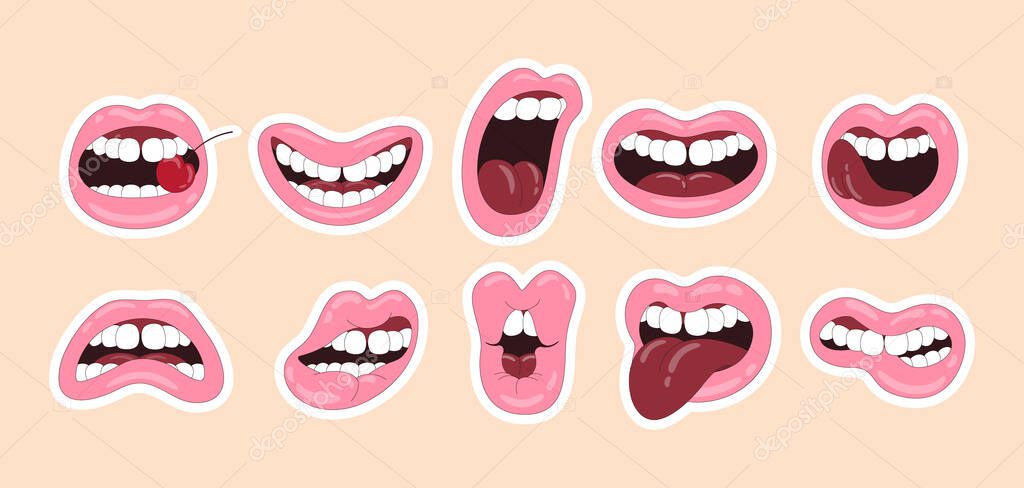 A set of lips stickers with cherries, smiling, angry, expressing different emotions. Vector illustration in retro hippie styl.e