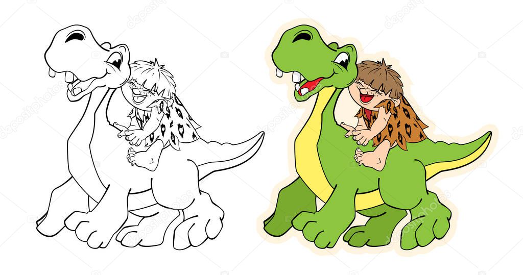 Primitive man sitting on a green dinosaur.Vector cartoon illustration.Coloring book for children.