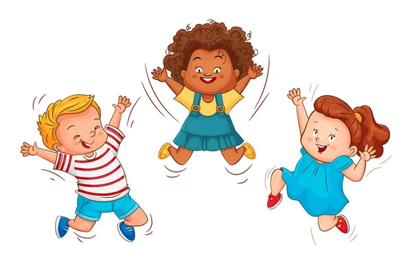 Children Jump Boy Girl Joyfully Wave Hands Bouncing Vector Flat — Vector de stock