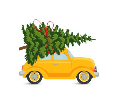 Noel ağacı olan sarı bir araba, beyaz arka planda bir kartpostal. Vektör, düz biçim illüstrasyonu.