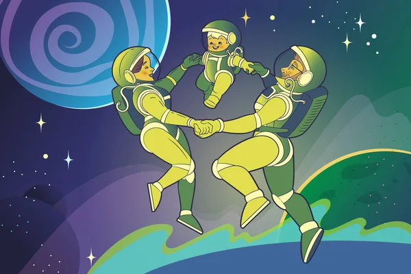 Οικογένεια Των Αστροναύτων Μαμά Μπαμπάς Και Παιδί Χορεύουν Έναν Κύκλο — Διανυσματικό Αρχείο