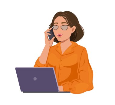 Portakal rengi bluzlu bir kız dizüstü bilgisayarın başında otururken telefonla konuşuyor. Yüzü olmayan bir tarz. Vektör illüstrasyonu beyaz arkaplanda izole edildi.