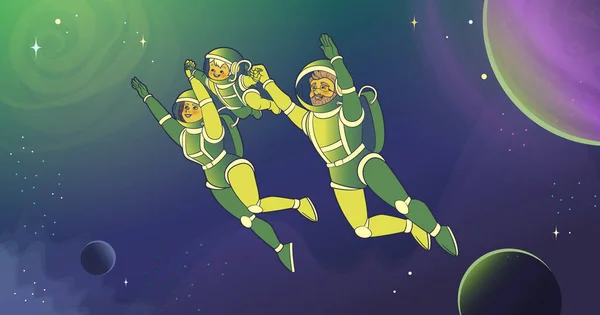 Μια Οικογένεια Από Αστροναύτες Του Σούπερμαν Πετάει Στο Διάστημα Κρατώντας — Διανυσματικό Αρχείο
