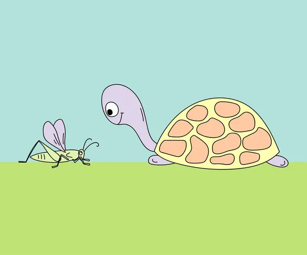 Kinderen Doodle Illustratie Een Schildpad Een Sprinkhaan Het Gras — Stockvector