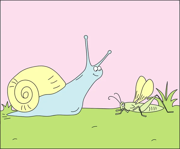 Ilustración Garabato Los Niños Donde Saltamontes Está Con Caracol — Vector de stock