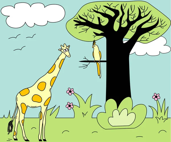 Children African Illustration Giraffe Parrot — Stock Vector