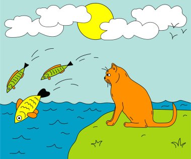 Çocukların çizdiği resimde bir kedi oturuyor ve bir deniz balığına bakıyor
