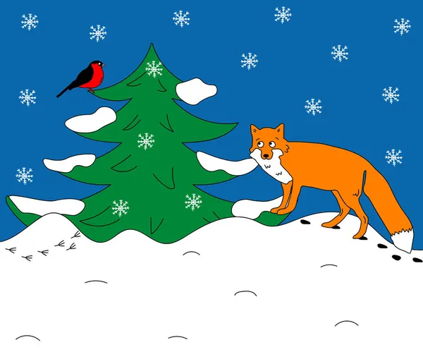 Bazgroły Dzieci Zima Ilustracja Gdzie Lis Bullfinch Zimowym Lesie Śnieżnym — Wektor stockowy