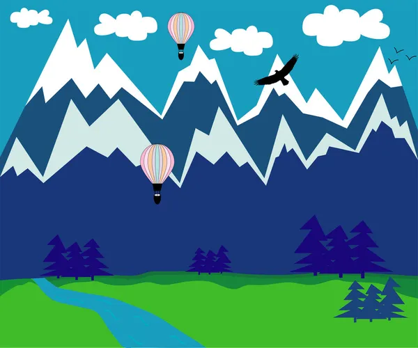 Landschap met bergen, rivier, vliegende adelaar en luchtballon — Stockvector