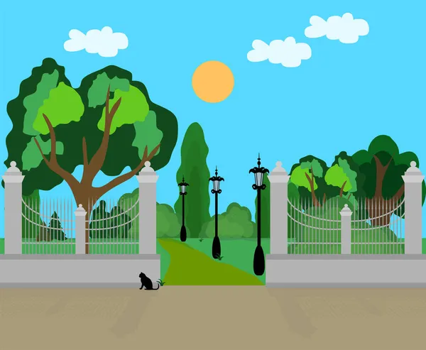 Parco Cittadino Con Recinto Alto Gatto Randagio Nero — Vettoriale Stock