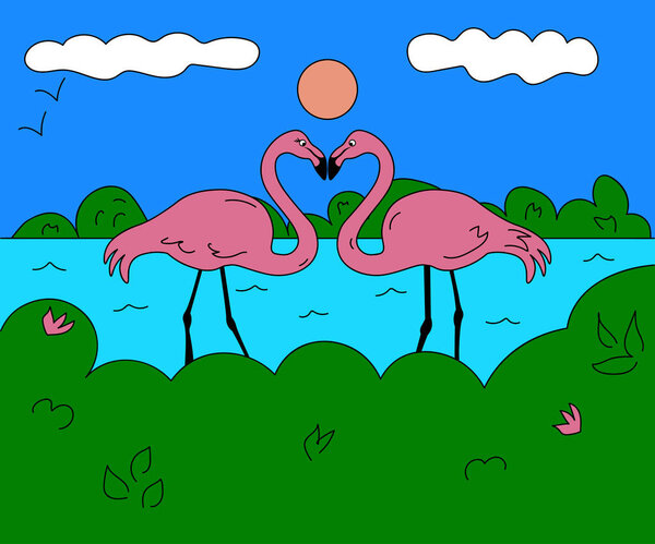 two pink flamingos in love are standing in the lake