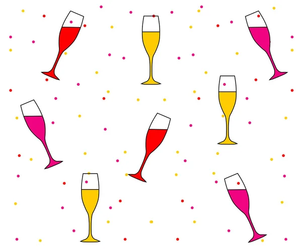 Padrão Festivo Sem Costura Copos Vinho Multicoloridos Com Bebidas Confetes — Vetor de Stock