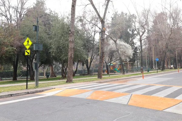 Empty zebra crosswalk and traffic signal beside of a city square