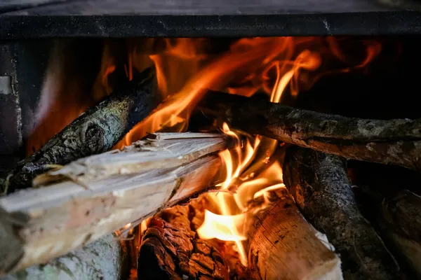 Flames Fire Eucalyptus Wood Heating Wood Stove — Stock Photo, Image