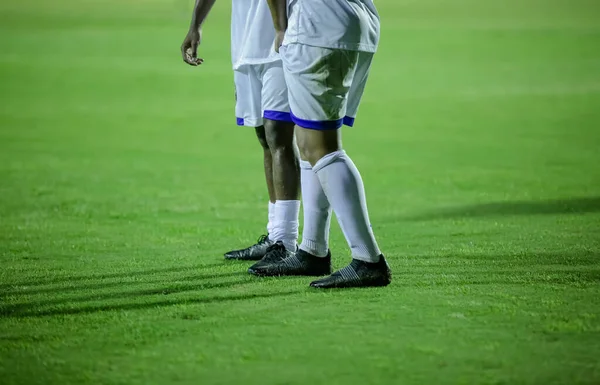 Soccer Players Position Charging Ball Goal — Stockfoto