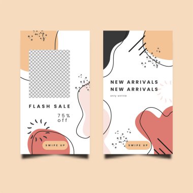 Sonbahar satışı için organik şekilli sosyal medya hikayeleri için dizayn şablonları. Giysi, yiyecek, içecek ve tüketici malları işletmeleri için elverişli.