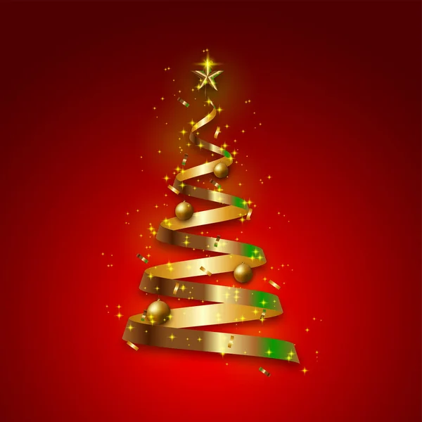 Parlak altın kurdeleli zarif bir Noel ağacı. Pankartlar, kapaklar, Noel kartları ve diğer pazarlama amaçlarına uygun.