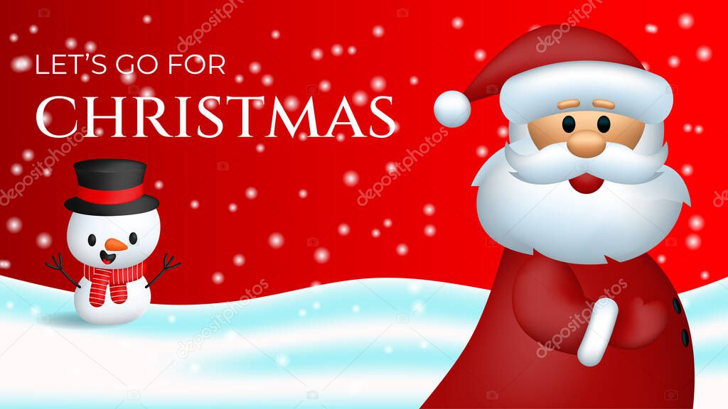 Santa claus character background and snowman under the falling snow. Suitable for posters, banners, Christmas cards, and other marketing purposes.