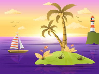 Tekne ve Deniz feneriyle Yaz Denizi Sahnesi. Yaz mevsimi güneşli ve sıcak.