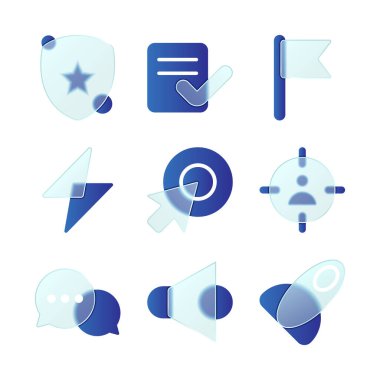 Cam morfizmi moda moda simge seti. Belirsiz ve eğimli şeffaf cam renk vektör simgeleri. Web ve ui tasarımı, mobil uygulamalar ve tanıtım işleri için