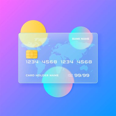 Glass Morfizm Kredi Kartı Elementi. Belirsiz ve eğimli şeffaf cam renk vektör simgeleri. Web ve ui tasarımı, mobil uygulamalar ve tanıtım işleri için