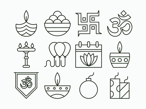 Diwali Icon Set Enthaltene Ikonen Wie Deepavali Feiern Lichterfest Kerze — Stockvektor