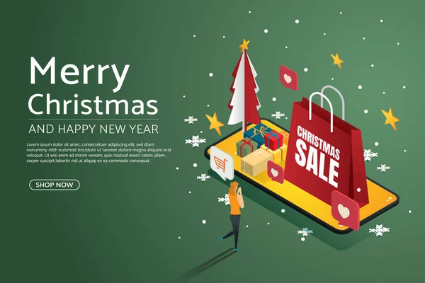スマートフォン上の女性幸せなショッピングオンライン紙のバッグギフトボックス メリークリスマスとウェブバナー上の幸せな新年 アイソメトリックベクトルイラスト — ストックベクタ