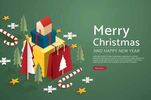 Kerstboom Met Huis Set Geschenkdozen Groot Papieren Zak Vrolijk Kerstfeest — Stockvector