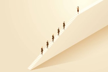 İş kadını liderler iş adamlarından oluşan bir ekibe liderlik ediyorlar. Özgürlük kavramı, başarı, hırs, kadın liderliği. izometrik vektör çizimi.