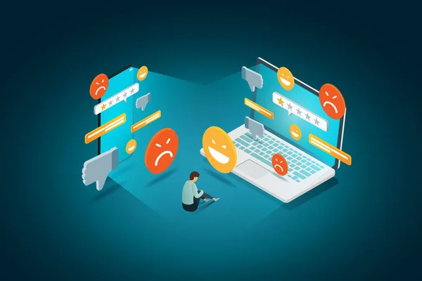 Depresyondaki genç çocuk sosyal ağlardaki mesajlar yüzünden zihinsel stres akıllı telefonlar ve dizüstü bilgisayarlarda online zorbalık kavramı. izometrik vektör çizimi.