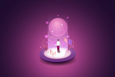 Experience 3D Metaverse, gelecekteki dijital cihazlar için sanal gerçeklik teknolojisi. izometrik vektör çizimi.