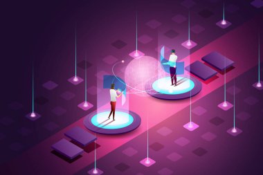 Experience Metaverse, gelecekteki dijital cihaz kullanıcıları için sınırsız sanal gerçeklik teknolojisi. Kadın ve erkek sanal dünyaya bağlanmak için çevrimiçi vr kulaklık kullanıyor. izometrik vektör çizimi.