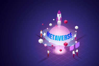 Experience 3D Metaverse, gelecekteki kullanıcılar ve iş dünyasının dijital cihazları için sınırsız sanal gerçeklik teknolojisi. izometrik vektör çizimi.