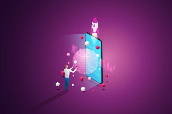 3D Metaverse Deneyimi, gelecekteki akıllı telefon kullanıcıları ve dijital cihazlar için sınırsız sanal gerçeklik teknolojisi. izometrik vektör çizimi.
