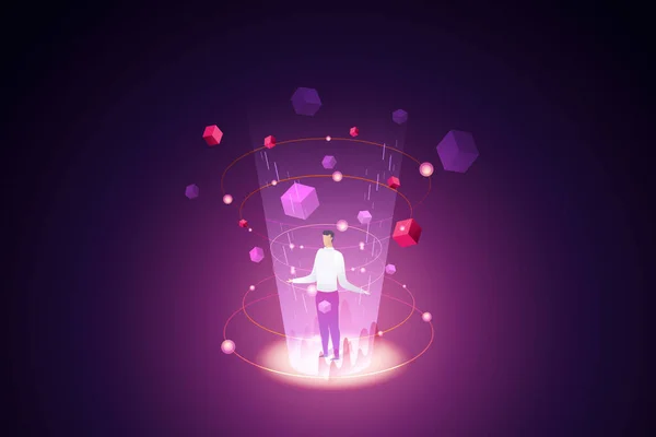 Neon arka planda üç boyutlu bir engelleme teknolojisinin ortasında duran bir adam. Future Technology Concept Blockchain Kripto Para Birimi. izometrik vektör çizimi.