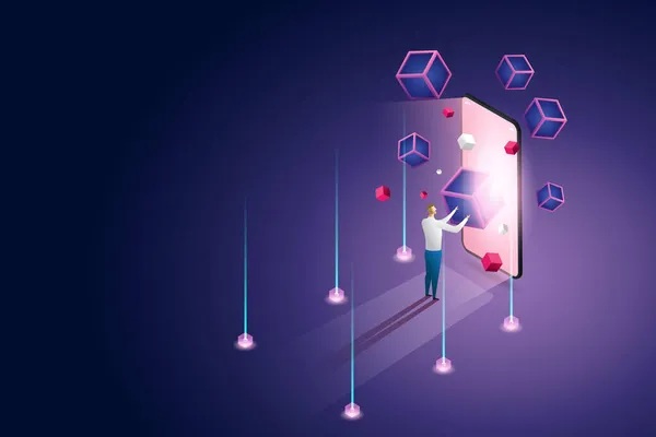Bir adam ayakta duruyor ve akıllı telefon için engelleme teknolojisini tecrübe ediyor.