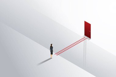 Ayakta duran iş kadını kırmızı kapıya giden merdivene bakıyor. Resim Vektörü