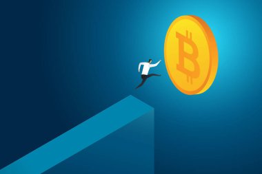 Uçurumdan bozuk paraya atlayan iş adamı pazardan pazara atlıyor. Kripto para fırsatlarını ve yatırımcıların, Blockchain 'in, Fintech' in hırslarını kavra. izometrik vektör çizimi