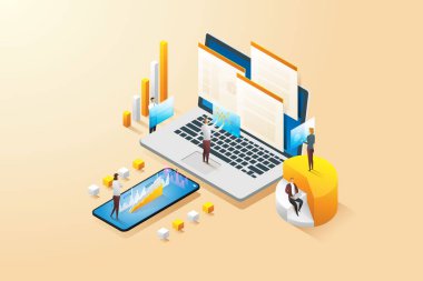 Erkek ve kadın gruptan internet siteleri ve mobil siteler için istatistiksel analiz ve diyagram veri analizi. Veri analizi kavramı bilgisi. izometrik vektör çizimi.