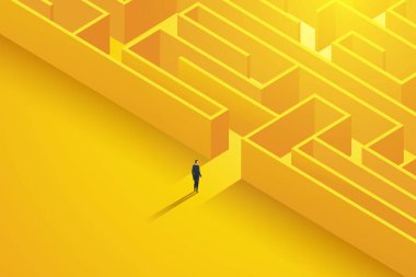 İşadamı büyük bir labirentin girişinin önünde duruyor. Zorluklarla, iş problemlerini çözmeye, labirentin üstesinden gelmeye karar verin. ve başarıyı buldu. Vektör illüstrasyonu.