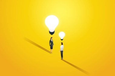 İş hayatında farklı yaratıcı fikirleri olan iki iş kadını, kariyer geliştirme ve düşünce eşitsizliği. Vektör illüstrasyonu.